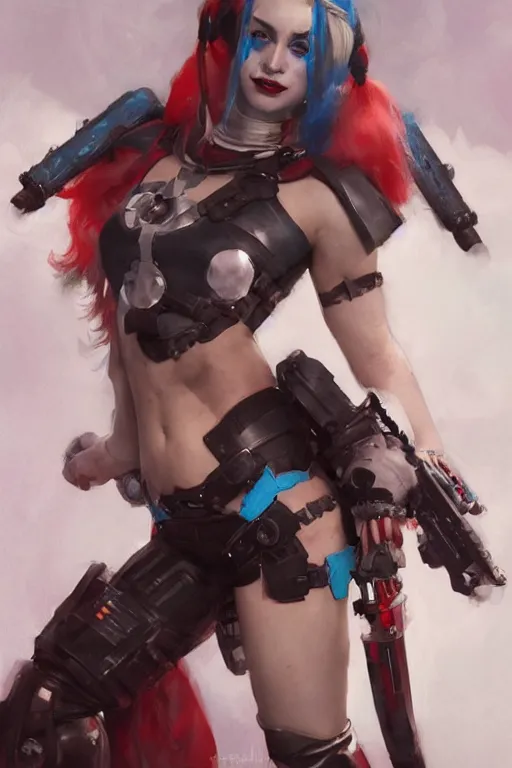 Image similar to portrait of Harley Quinn in bikini armor, dc comics, cyberpunk, Warhammer 40000, dark fantasy, digital art from artstation by Ruan Jia and Mandy Jurgens and Artgerm and william-adolphe bouguereau