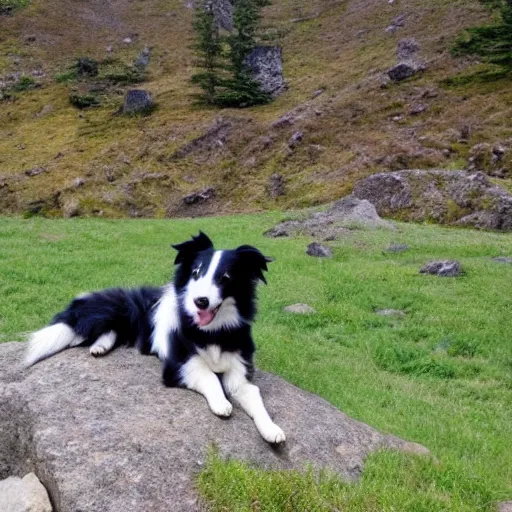 Image similar to a border collie sat outside a mountain cottage