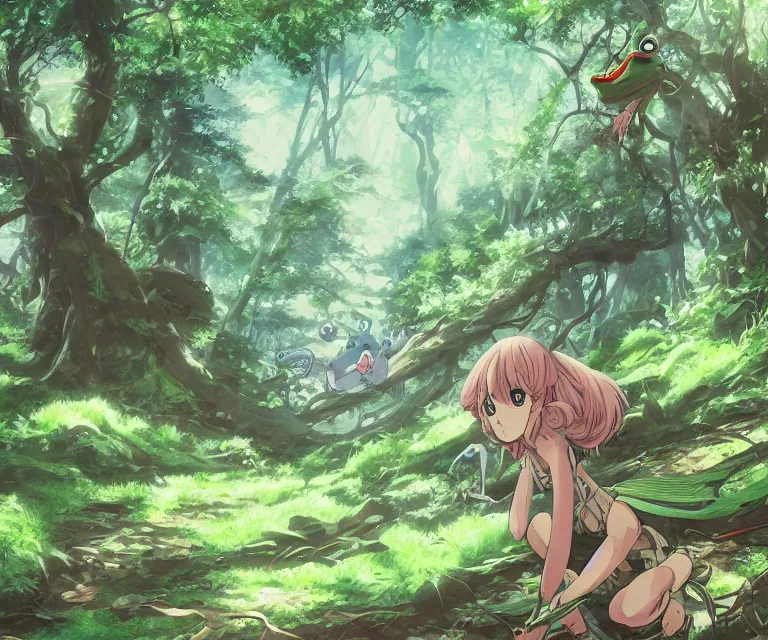 Prompt: frog in a forest, anime fantasy illustration by tomoyuki yamasaki, kyoto studio, madhouse, ufotable, comixwave films, trending on artstation