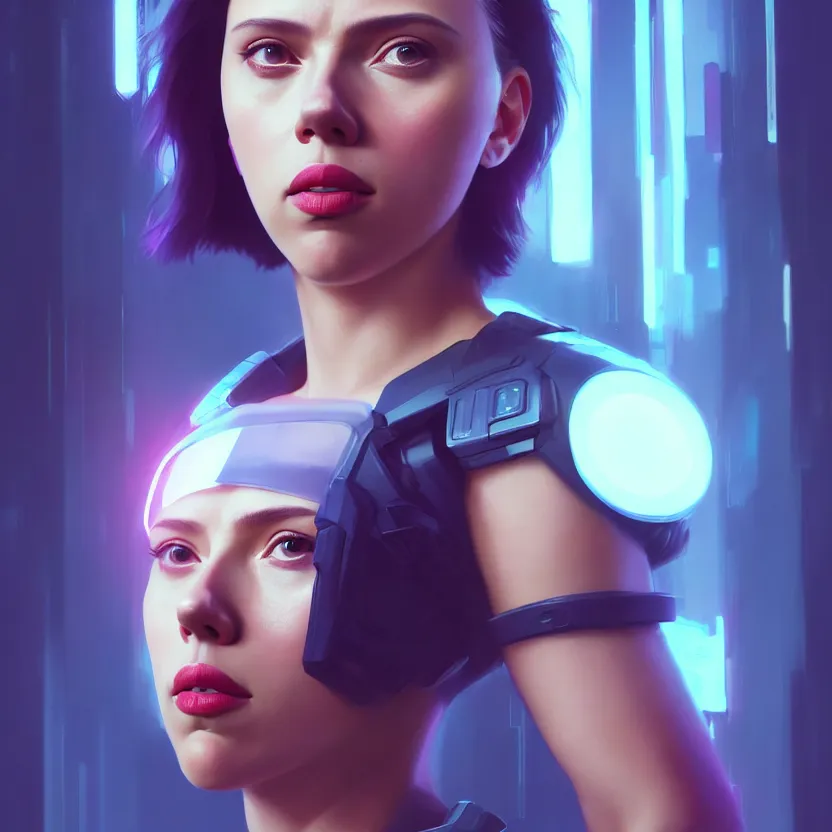 Image similar to 3 / 4 portrait, scarlett johansson as major mira killian from ghost in a shell, night, crop top, beautiful, in a modern city, neon signs, jewelry, artstation, william bouguereau, rossdraws, greg rutkowski, super detailed, realistic, octane render, volumetric, cinematic, 8 k