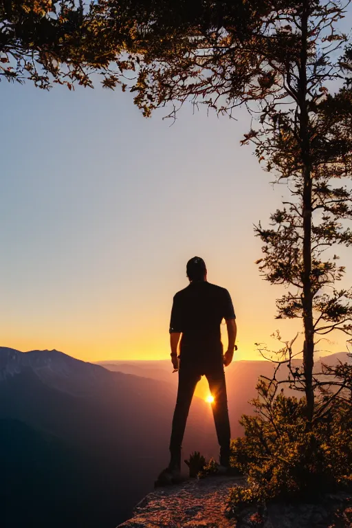 Prompt: a movie still of a man standing on the top of a mountain at sunset, golden hour