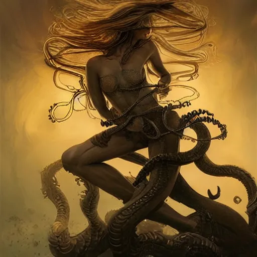 Image similar to “Super model Medusa kissing hephaestus, dark, intricate, fantasy, intricate, elegant, highly detailed, digital painting, artstation, concept art, matte, sharp focus ,highly detailed, smooth, artstation, digital illustration by Ruan Jia and Mandy Jurgens and Artgerm and Wayne Barlowe and Greg Rutkowski and Frank Frazetta”