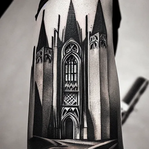 Image similar to tattoo of a gothic cathedral. Black and white, 4k, photorealistic, artstation