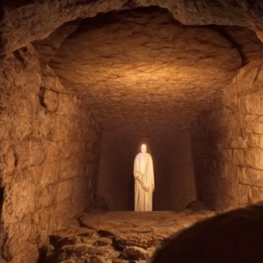Image similar to cinematic still of the stone rolled away from Jesus's tomb, heavenly light coming from the opening, just before dawn, dynamic angles, miracle, magical, wondrous, Biblical epic movie directed by Peter Jackson