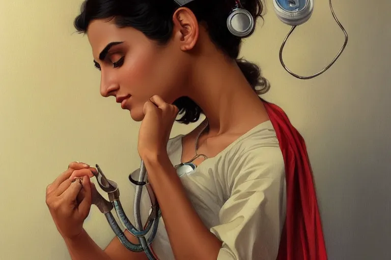 Image similar to sensual pale beautiful indian doctor in jeans with stethoscope, art deco portrait, elegant, intricate, digital painting, artstation, concept art, smooth, sharp focus, illustration, art by artgerm and greg rutkowski and alphonse mucha