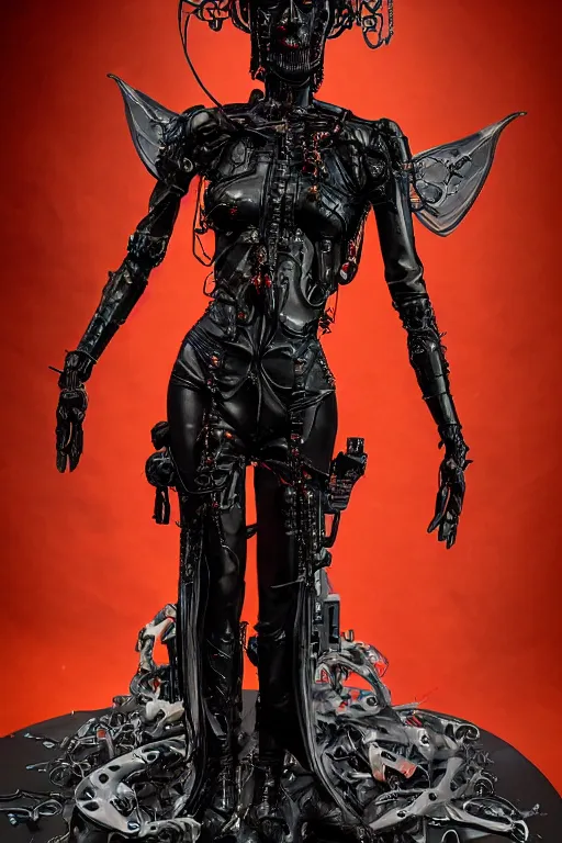 Image similar to full-body cyberpunk style sculpture of a young beautiful dark priestess, half android with a head opening exposing circuitry, glowing red eyes, black roses, flowing blood red colored silk, fabric, candles. baroque elements, human skull. full-length view. baroque element. intricate artwork by caravaggio. crows flying in background. Trending on artstation, octane render, cinematic lighting from the right, hyper realism, octane render, 8k, depth of field, 3D