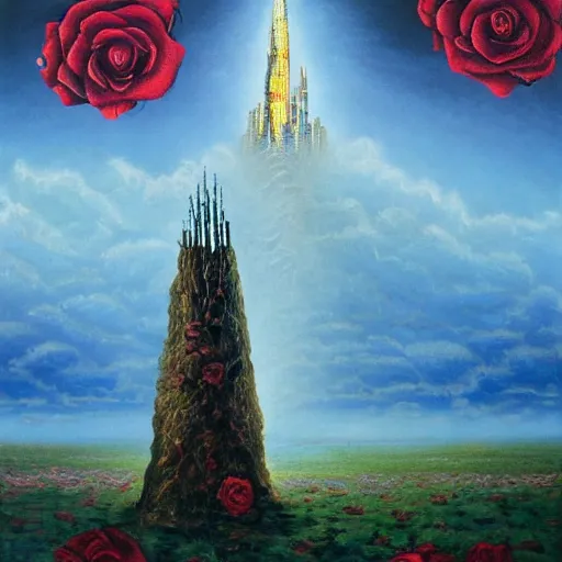 Image similar to the dark tower in a field of roses, surrealism, cosmic western, masterpiece oil painting,