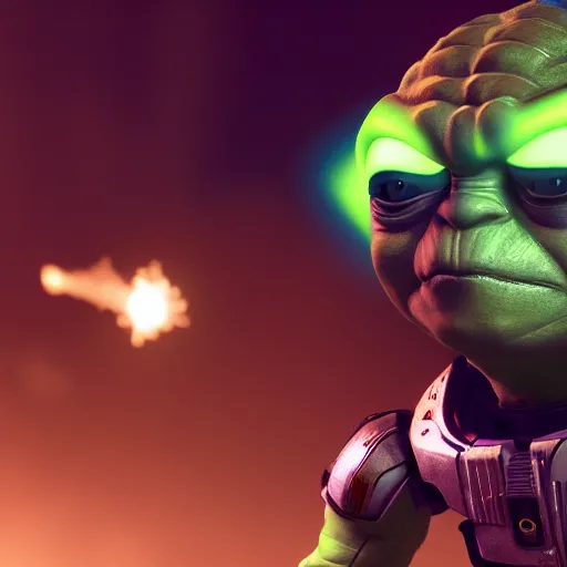 Image similar to yoda as buzz lightyear buzz lightyear in gears of war, splash art, movie still, cinematic lighting, dramatic, octane render, long lens, shallow depth of field, bokeh, anamorphic lens flare, 8 k, hyper detailed, 3 5 mm film grain