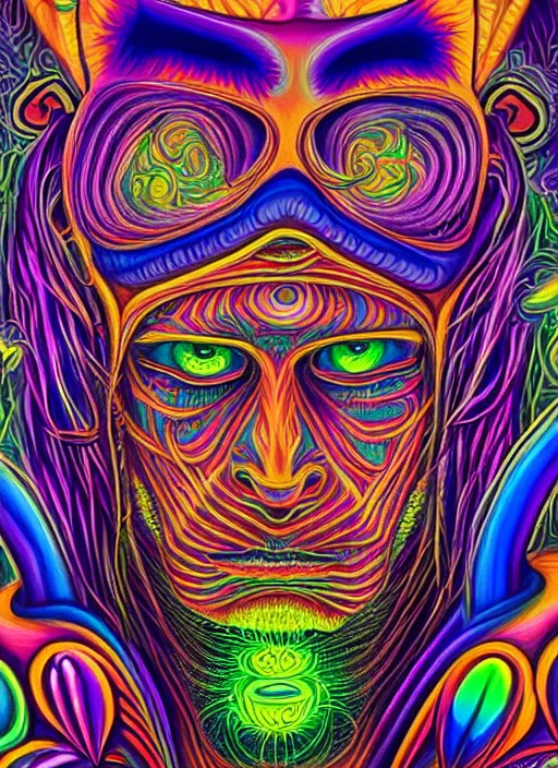 Prompt: A psychedelic portrait of a DMT demon, painting in the style of Alex Grey, vibrant color scheme, highly detailed, 4k resolution, sharp ages, ultra detailed