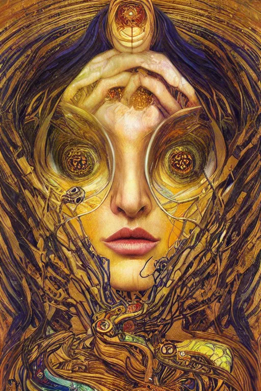 Image similar to Rebirth by Karol Bak, Jean Deville, Gustav Klimt, and Vincent Van Gogh, portrait of a sacred serpent, Surreality, otherworldly, fractal structures, arcane, ornate gilded medieval icon, third eye, spirals