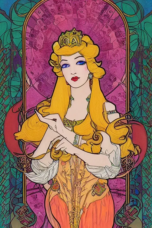 Image similar to full length painting of princess peach art nouveau, tarot card by mucha, gaudy colors, sharp edges, intricate linework.