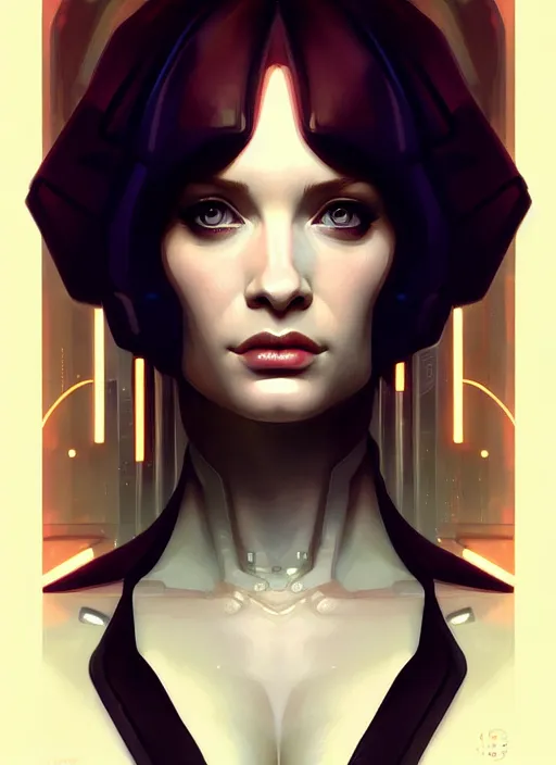 Prompt: symmetrical!! upper body!! bladerunner cyberpunk portrait of christina hendricks, beautiful face, highly detailed face!!!, extremely detailed!, digital painting, unreal engine 5, art by artgerm and greg rutkowski and alphonse mucha