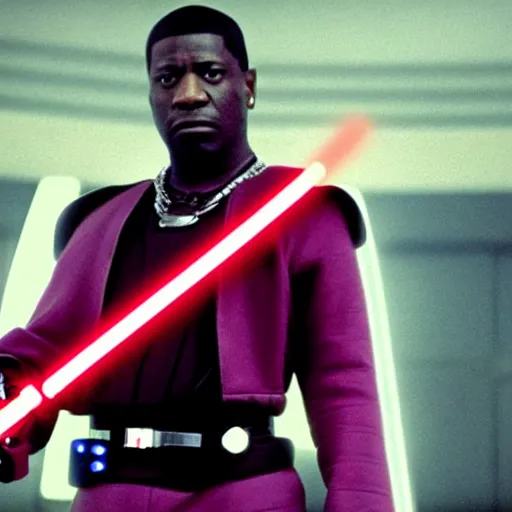 Image similar to gucci mane holding a lightsaber as mace windu in star wars episode 3, 8k resolution, full HD, cinematic lighting, award winning, anatomically correct