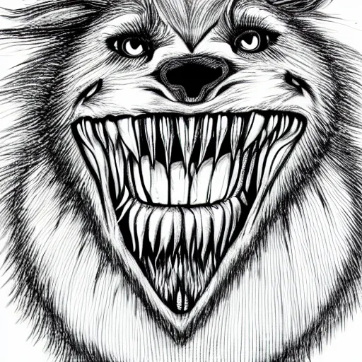 Image similar to A totally normal werewolf with an oddly hyper detailed mouth wide open drooling teeth throat tongue