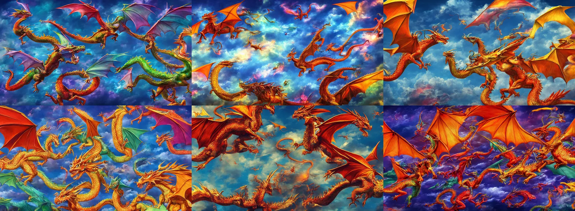 Prompt: many colorful dragons flying in the sky, photorealistic, highly detailed, 4k