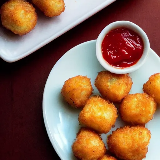 Image similar to food photo of channing tatum's face as giant tater tot on a plate with ketchup