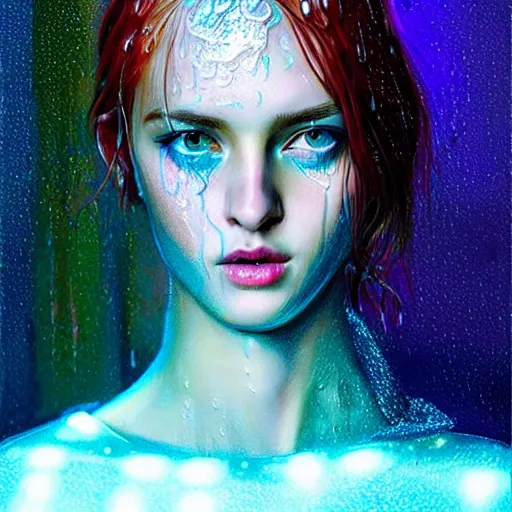 Image similar to bright asthetic portrait LSD glowing backlit rain on face and wet hair in strands, overhead lighting, fantasy, intricate, elegant, dramatic lighting, highly detailed, lifelike, photorealistic, digital painting, artstation, illustration, concept art, smooth, sharp focus, art by John Collier and Albert Aublet and Krenz Cushart and Artem Demura and Alphonse Mucha