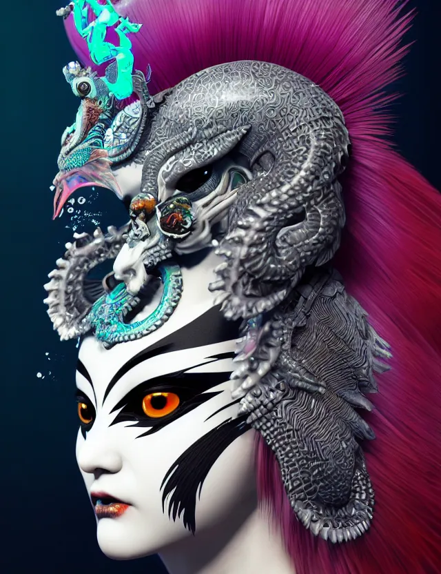 Image similar to 3 d goddess close - up profile portrait punk with mohawk with ram skull. beautiful intricately detailed japanese crow kitsune mask and clasical japanese kimono. betta fish, jellyfish phoenix, bio luminescent, plasma, ice, water, wind, creature, artwork by tooth wu and wlop and beeple and greg rutkowski