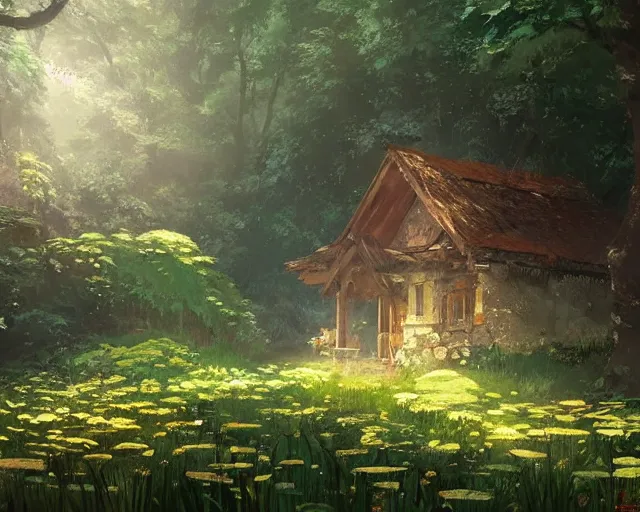 Image similar to old hut in the woods with a flower garden near a waterfall, gapmoe kuudere moody lighting stunning bokeh highlights sharp contrast | trending pixiv fanbox | by greg rutkowski makoto shinkai takashi takeuchi studio ghibli