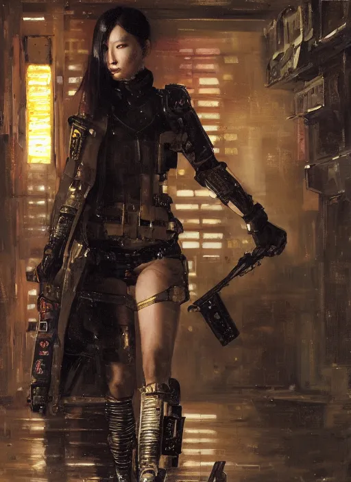 Prompt: Maria Tanaka. female Cyberpunk samurai wearing military vest walking through nightclub (blade runner 2049, cyberpunk 2077). Orientalist portrait by john william waterhouse and James Gurney and Theodore Ralli and Nasreddine Dinet, oil on canvas. Cinematic, hyper realism, realistic proportions, dramatic lighting, high detail 4k