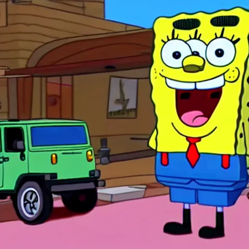 Prompt: cctv footage of spongebob stealing a jeep wrangler, high quality, high resolution