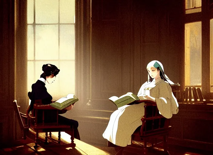 Image similar to victorian britain 1 8 3 5, adolecent florence nightingale reading in a chair in the drawing room of a english victorian manor light from a window on the left, finely detailed perfect art, gapmoe yandere grimdark, trending on pixiv fanbox, painted by greg rutkowski makoto shinkai takashi takeuchi studio ghibli
