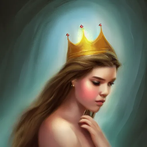 Prompt: a princess looking at a glowing crown, digital painting, hd, smooth, Rutkowski Greg, Tran Ross