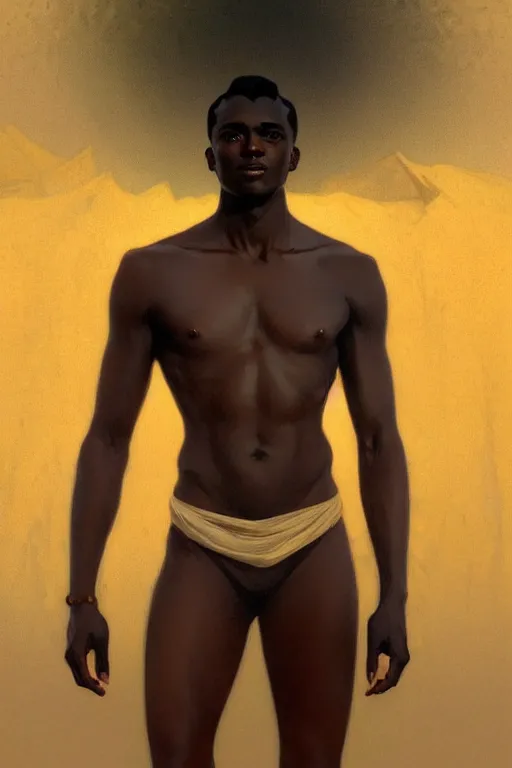 Prompt: full figure beautiful young fit dark skin man, fully dressed, luminous scene, by greg rutkowski and alphonse mucha, d & d character, gradient white to gold, in front of a dune desert background, highly detailed portrait, digital painting, artstation, concept art, smooth, sharp focus illustration, artstation hq