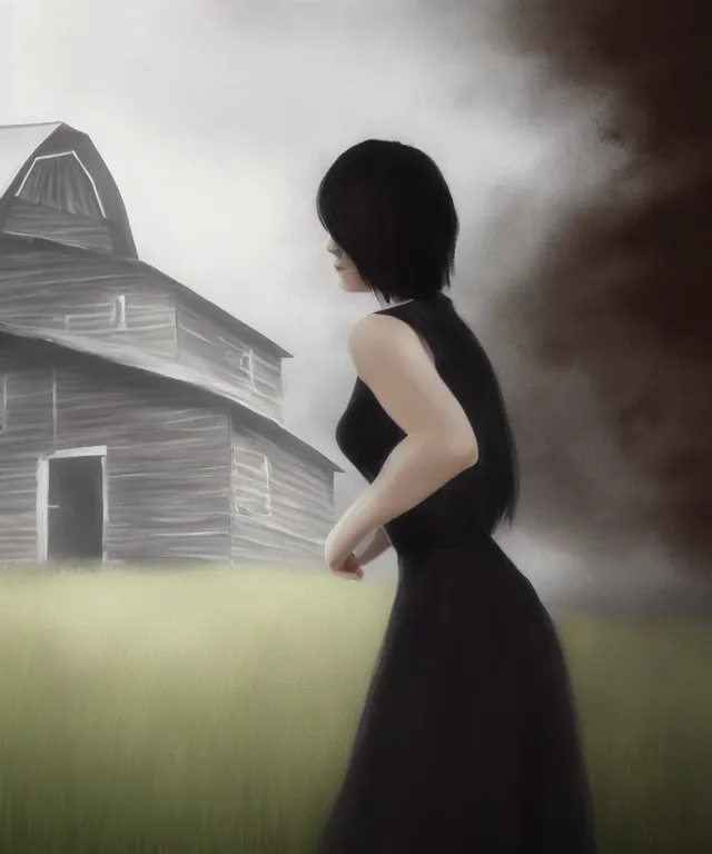 Prompt: a young woman in the shadow! of a red barn!. black hair, white! dress, sharp focus, wide angle, trending on artstation