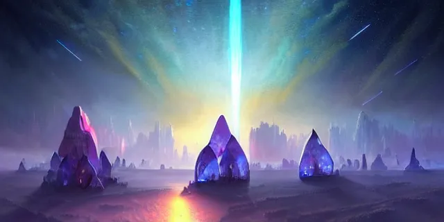 Image similar to a fleet of interconnected giant glowing futuristic crystal cubes in the sky, a fantasy magical landscape seen in the distance, atmospheric lighting, intricate, volumetric lighting, beautiful, sharp focus, ultra detailed, in the art style of marc simonetti, bowater charlie and brom gerald, astrophotography