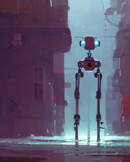 Image similar to a robot half sunken in a puddle, cory loftis, james gilleard, atey ghailan, makoto shinkai, goro fujita, character art, exquisite lighting, clear focus, very coherent, plain background, soft painting