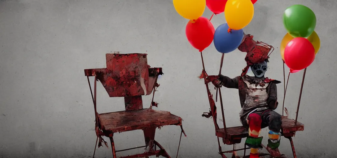 Prompt: a rusty steel chair with a smiling clown sitting on it, 4K, dark, horror, balloons,