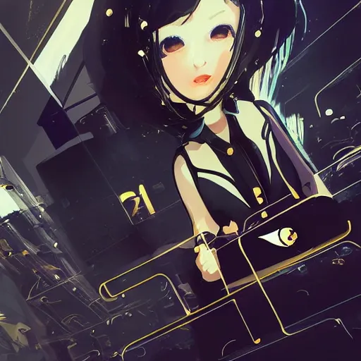 Image similar to luxury advertisement, black and golden colors. highly detailed post-cyberpunk sci-fi close-up schoolgirl in asian city in style of cytus and deemo, mysterious vibes, by Ilya Kuvshinov, by Greg Tocchini, nier:automata, set in half-life 2, beautiful with eerie vibes, very inspirational, very stylish, surrealistic, perfect digital art, mystical journey in strange world, bastion game