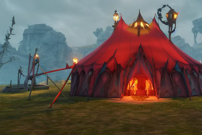 Image similar to 3d sculpt of a dark fantasy gothic circus tent, artstaton, League of Legends, red dead redemption2, overwatch, digital illustration