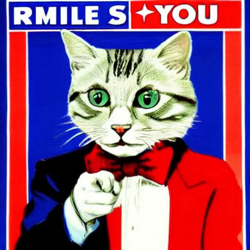 Image similar to cat in red white & blue suit in miliatry recruitment poster we want you