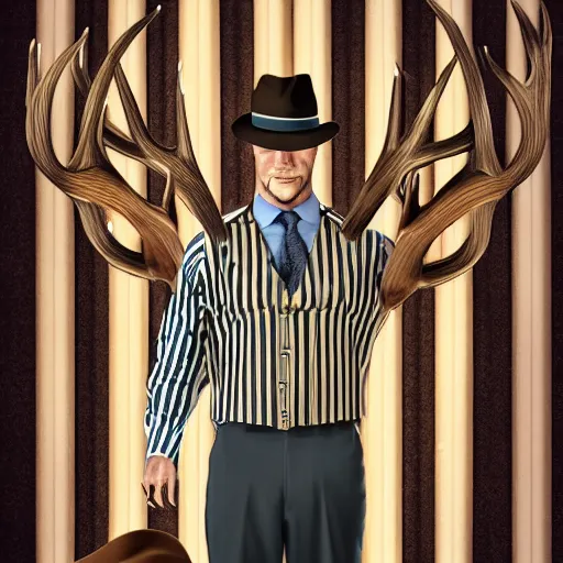 Image similar to a upper body portrait of a deer in a pinstriped suit and pants wearing a fedora with the antlers sticking out of the fedora by artgerm and wlop, human hands adjusting the tie, intricate detail, digital art, photorealistic, trending on artstation