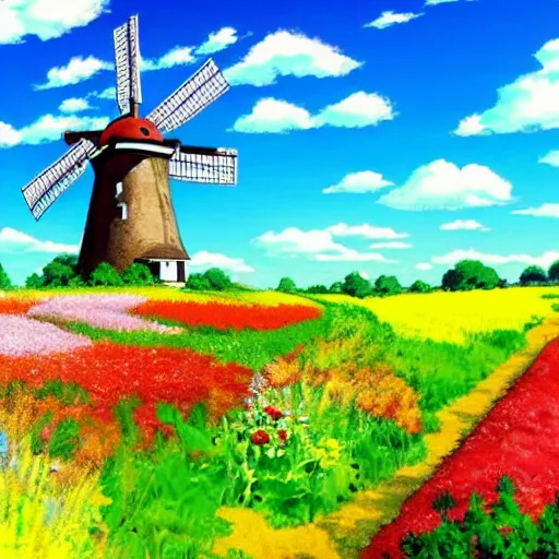 Image similar to beautiful countryside background with a windmill by studio ghibli, 4k, cute, colourful, summer