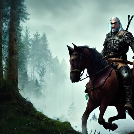 Image similar to Geralt of Rivia riding a horse in forest, 4k, artstation, cgsociety, award-winning, masterpiece, stunning, beautiful, glorious, powerful, fantasy art