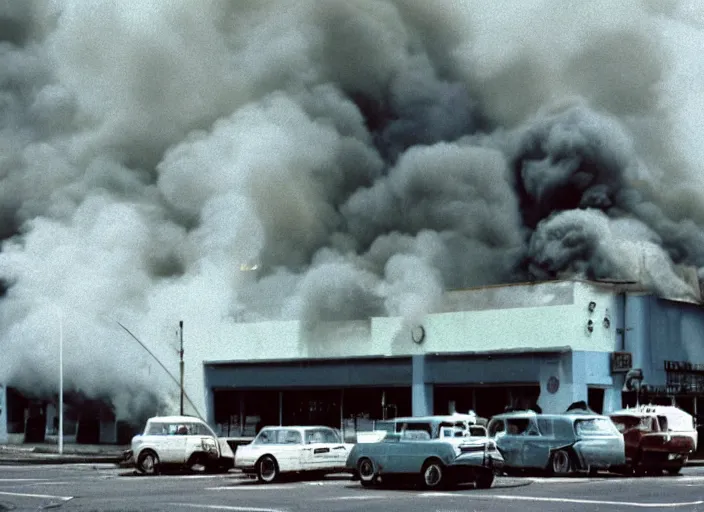 Image similar to an overexposed kodak 500 photograph of a bingo hall on fire, muted greenish blue colors