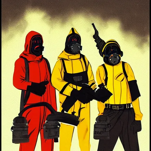 Image similar to detailed details concept art saints gang photo group, theyre using gas mask, other using saints mask, theyre wear yellow and red hoodie, theyre leader regularly uses red in the style of bob peak and alex ross, gouache and wash paints color, detailed details facial and body and human and environments and proportionate, detailed 5 k details.