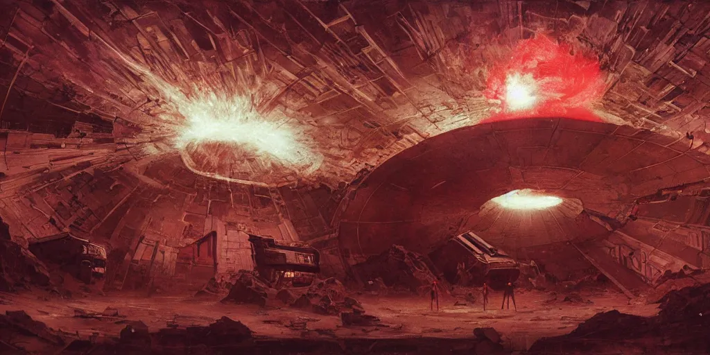 Image similar to supernova, neo brutalism space station, people wandering in the red desert, scarlet moon, dark atmosphere, tragedy, terror, stars, painted by steve mccurry, ruan jia, raymond swanland, lawrence alma tadema, zdzislaw beksinski, norman rockwell, jack kirby, tom lovell, alex malveda, greg staples