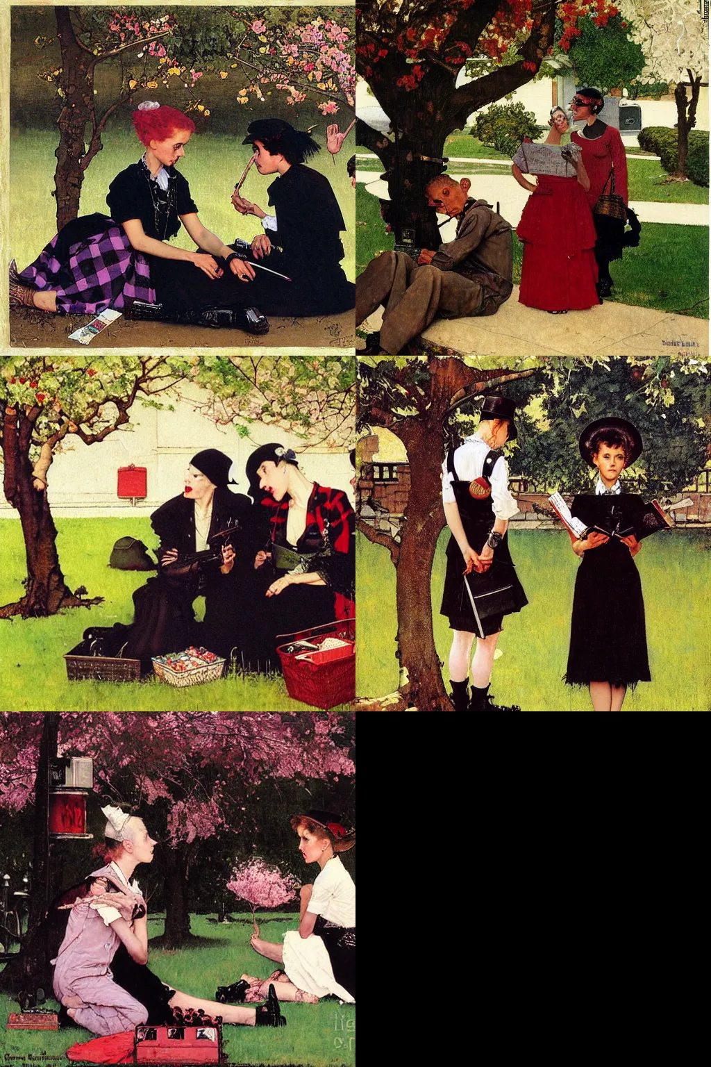 Prompt: an hd painting by norman rockwell. three goths loitering in the shade, talking beneath a cherry tree outside a blockbuster video store.