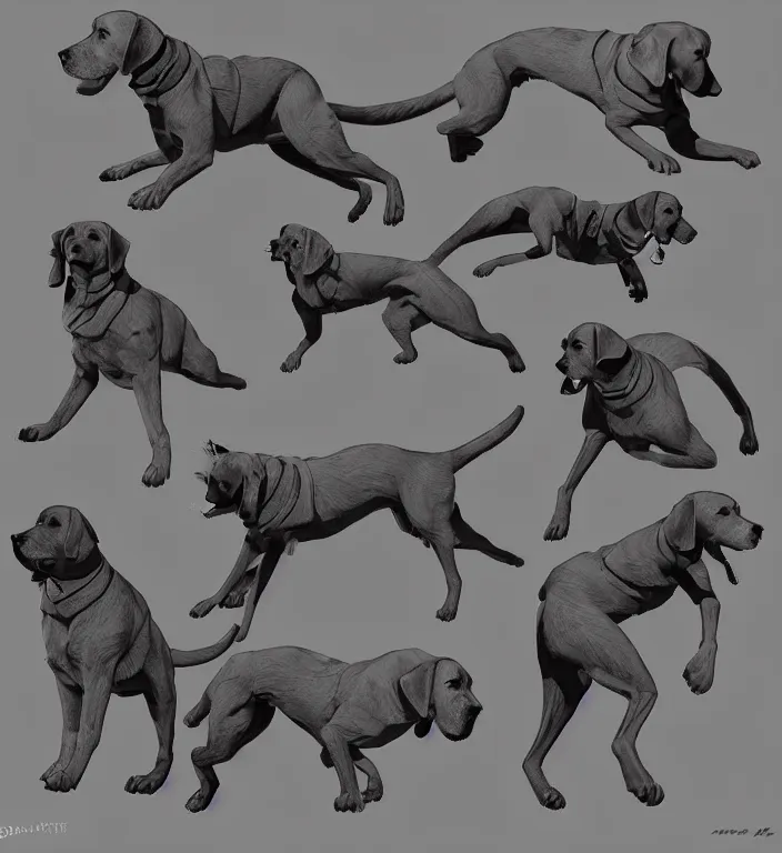 Prompt: monochromatic color scheme!! game asset of dog poses, dog anatomy art, running, jumping, in the style of richard schmidbauer, autumn rain turkel, rick dai, yolie leif, adam moore, kitbash, military, contra, call of duty, battlefield, contra, artstation, pinterest, deviantart, aseprite, photoshop,