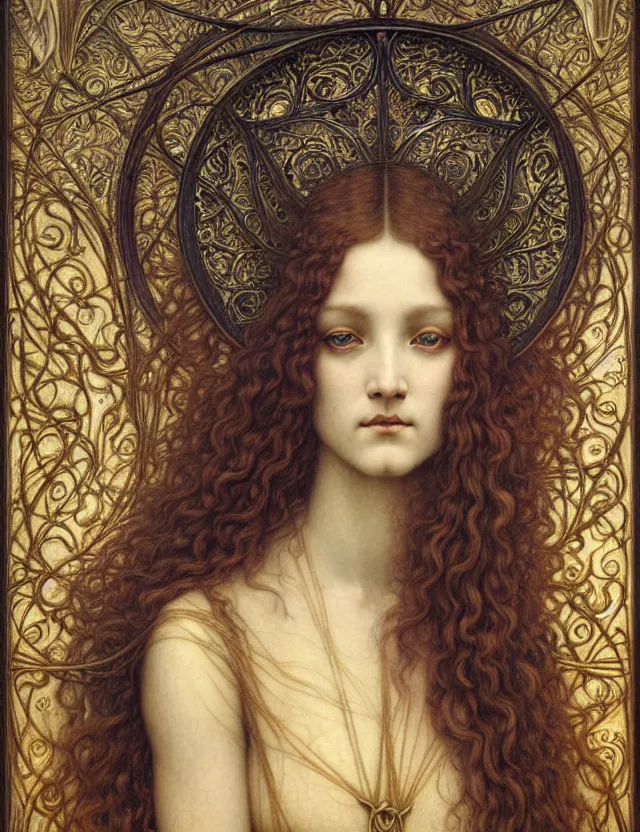 Image similar to detailed realistic beautiful young medieval queen face portrait by jean delville, gustave dore and marco mazzoni, art nouveau, symbolist, visionary, gothic, pre - raphaelite. horizontal symmetry