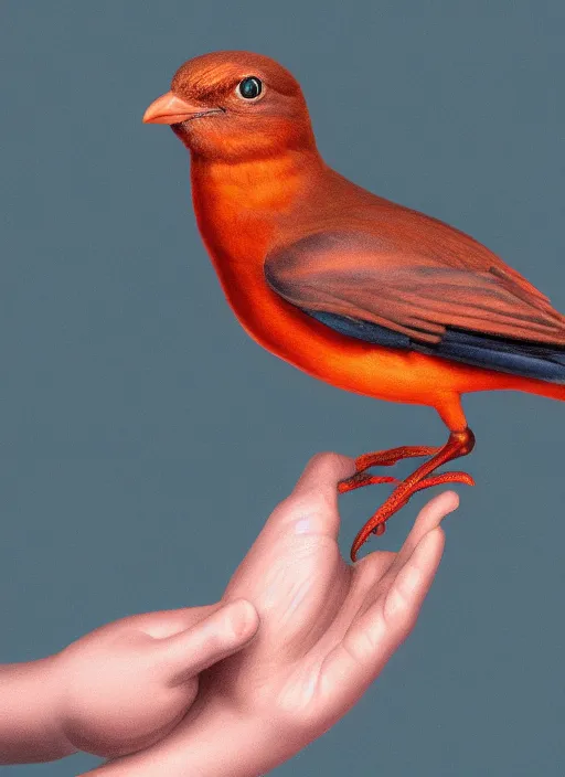 Prompt: a bird with two human hands, hyperrealism, no blur, 4 k resolution, ultra detailed,