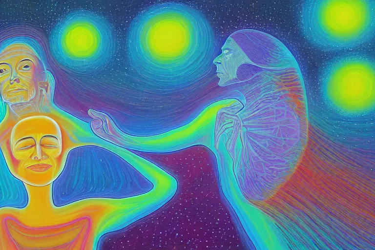 Image similar to digital art of a peaceful man looking up at the stars, sitting under a tree, glowing light, acrylic art, painting, pastel colors, alex grey,