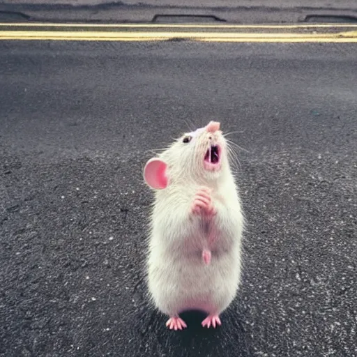 Prompt: soaking wet hamster begging for change on the side of the road