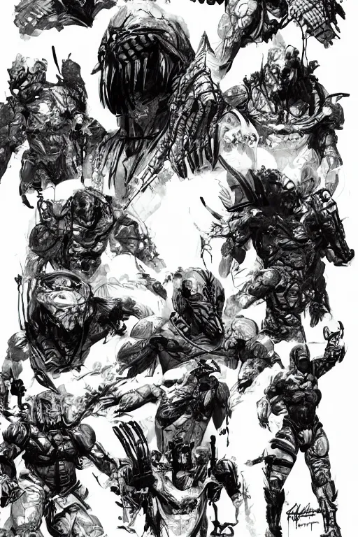 Image similar to predator concept art by yoji shinkawa, character concept sheet, white background, ink, digital painting, highly detailed, trending on artstation, sharp focus, illustration, concept art