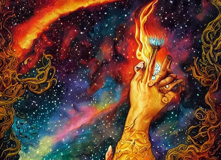 Image similar to high intricate colored ink drawing of the sandman holding a glimmering fire - galaxy, full shot, neil gaiman, maria panfilova, andrea savchenko, mike kime, ludovic plouffe, qi sheng luo, oliver cook, julian calle, eddie mendoza, trending on artstation