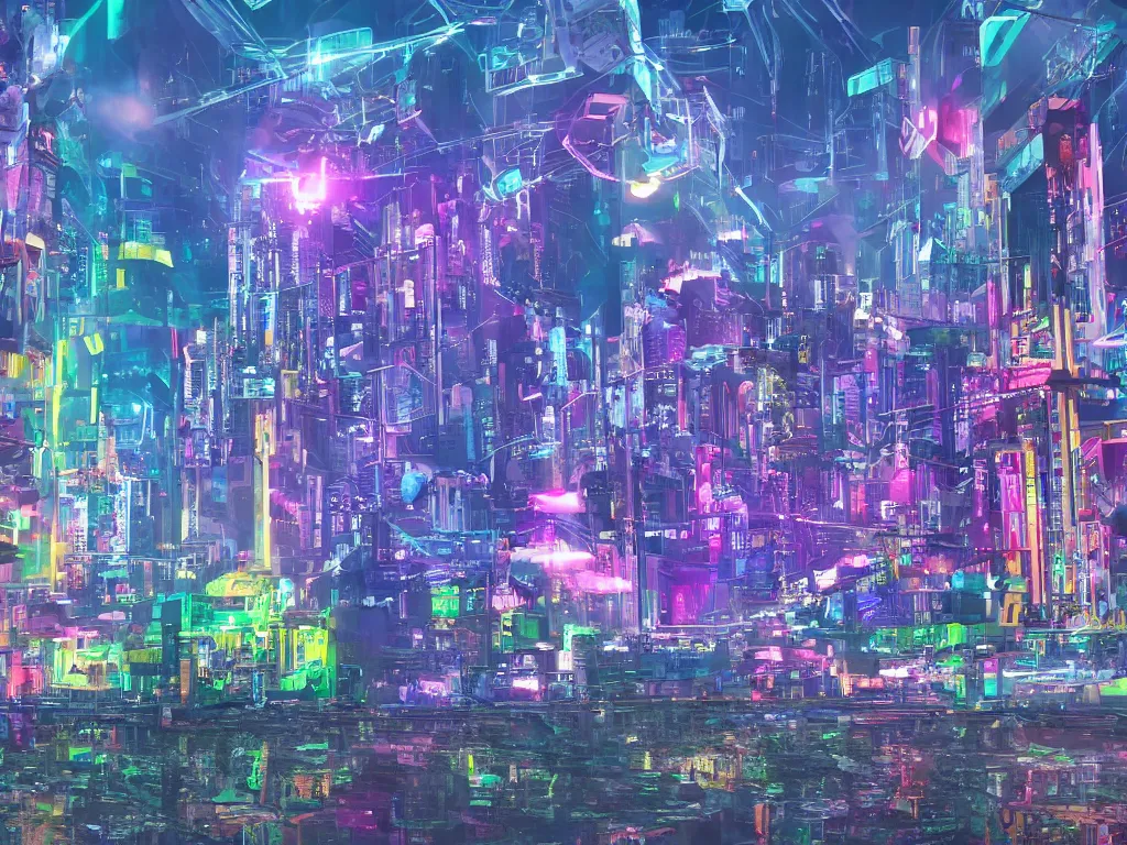 Image similar to mystical colorful cyberpunk city with a clear blue lake in a clearing where an abstract nebula crystal sculpture is floating above it, powerful, 4k, photograph, vaporwave